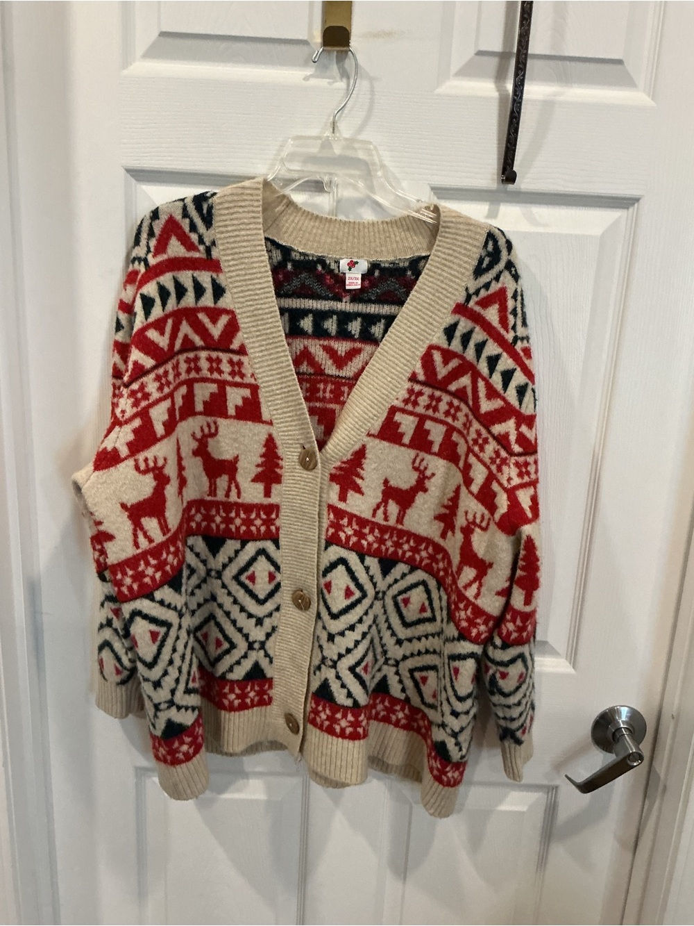 Cozy Fair Isle Reindeer Cardigan Sweater - Cream & Red
